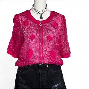 Hot Pink Y2K McBling Japanese Lace Zip-Front T-Shirt Cardigan